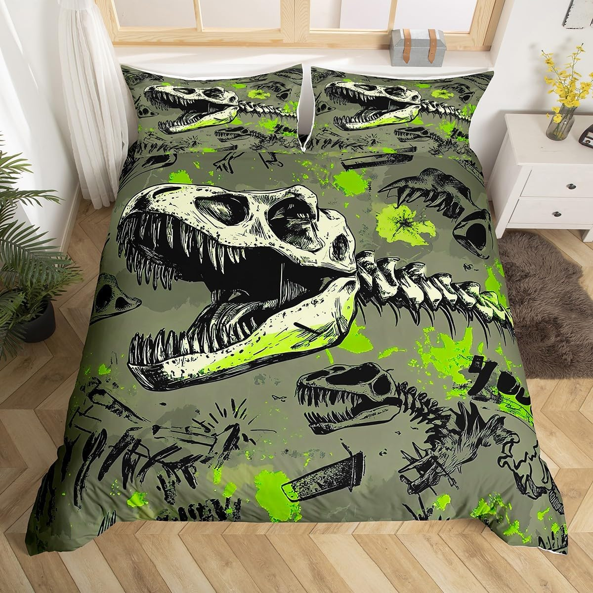 Homewish Dinosaur Duvet Cover Set, Gothic Dino Skull Comforter Cover, Jungle Animal, 135 X 200 Cm Bed Linen Set, Dinosaurios Skeleton Bed Set, Wildlife Room Decor image number 2