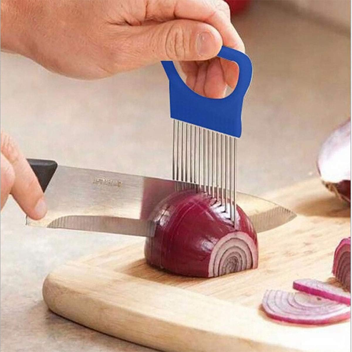 2Pcs Onion Holder Slicer, Stainless Steel Tomato Lemon Potato Vegetable Holder Slicer Cutter Tool for Kitchen Worker Slicing image number 1