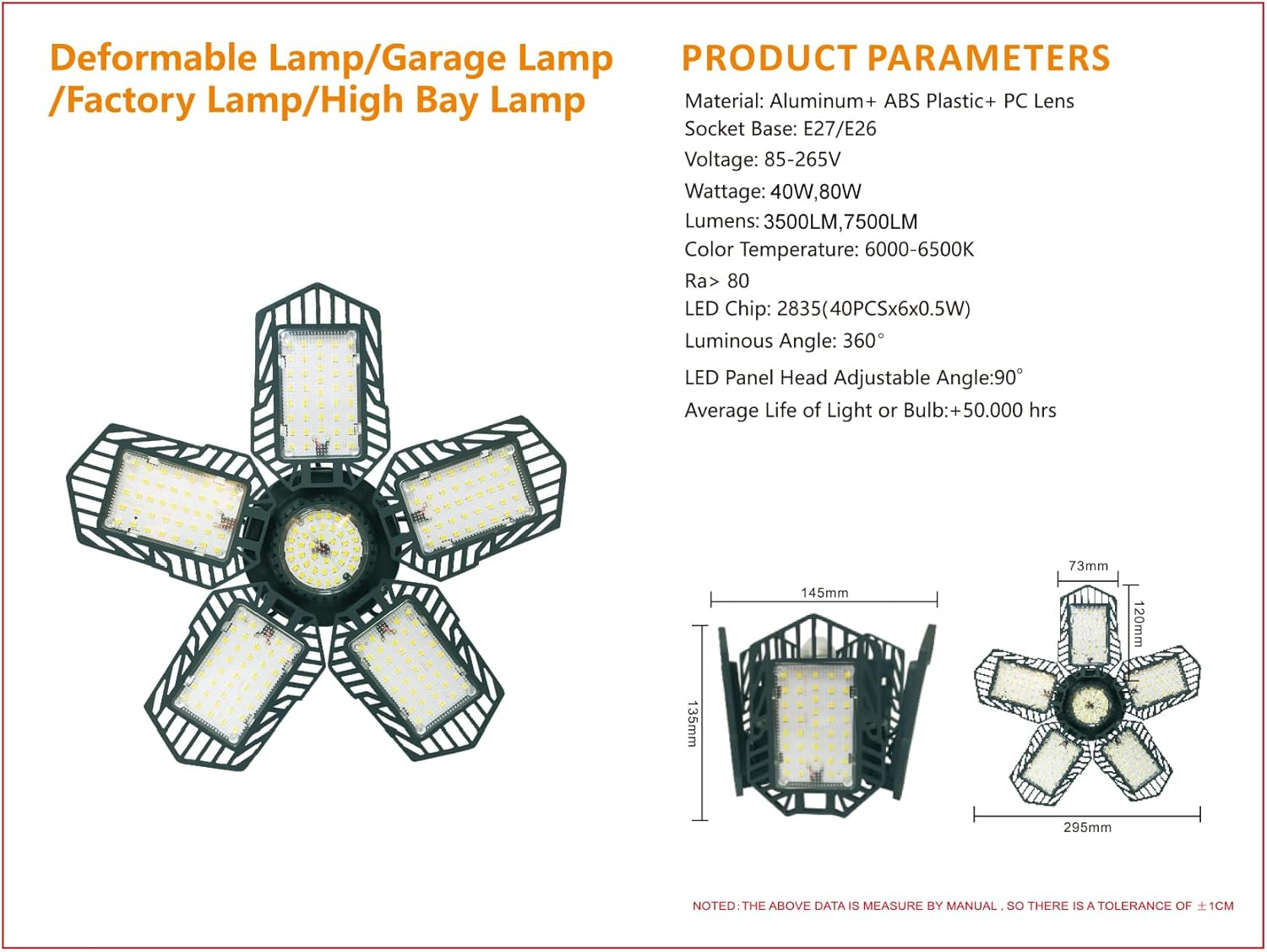 Motion Activated Deformable LED Garage Light E27 Ceiling Lights, Motion Sensor LED Workshop Light 7500LM Aluminium Lamp 360 Degrees 80W with 5 Adjustable Panels Quintet LED Lighting for Garage Attic image number 6