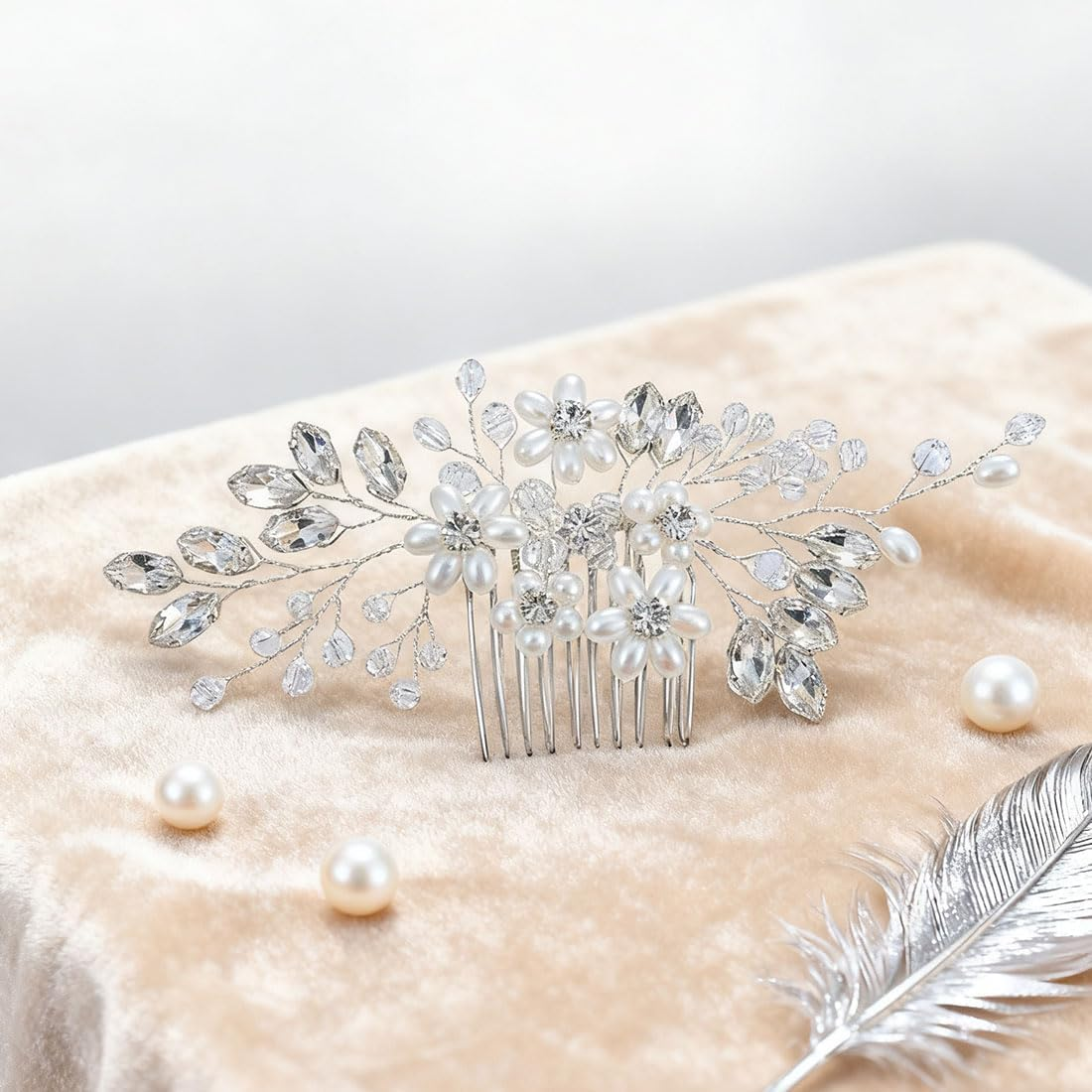 ZWWOGE Bridal Flower Hair Comb, Wedding, Rhinestone, Bridal Headpiece, Leaf Beads, Pearl Hair Clip, Side Combs, Decorative Hair Accessories for Women, Silver Hair Accessories image number 3