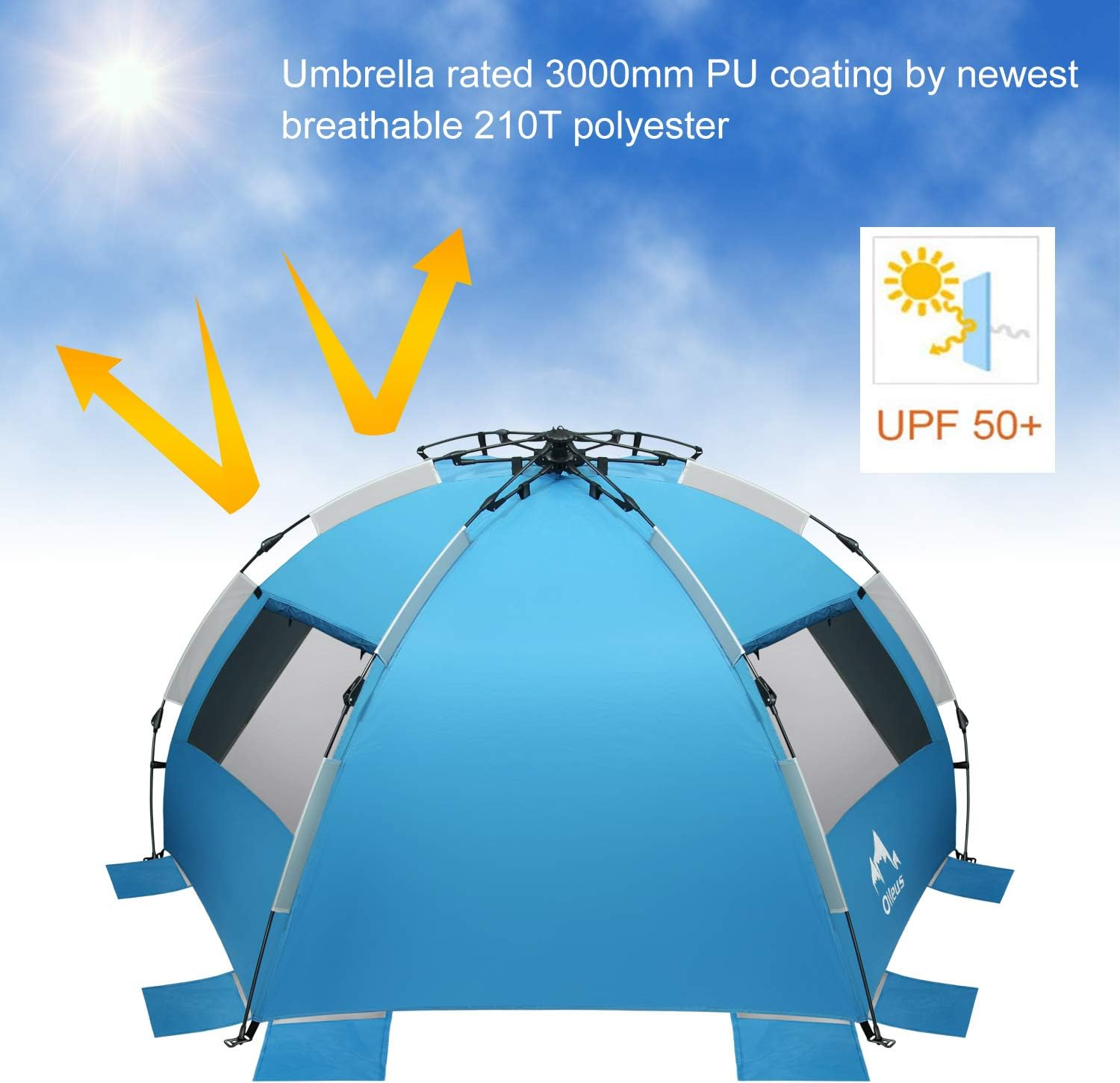 Oileus X-Large 4 Person Beach Tent Sun Shelter - Portable Sun Shade Instant Tent for Beach with Carrying Bag, Stakes, 6 Sand Pockets, anti UV for Fishing Hiking Camping, Waterproof Windproof