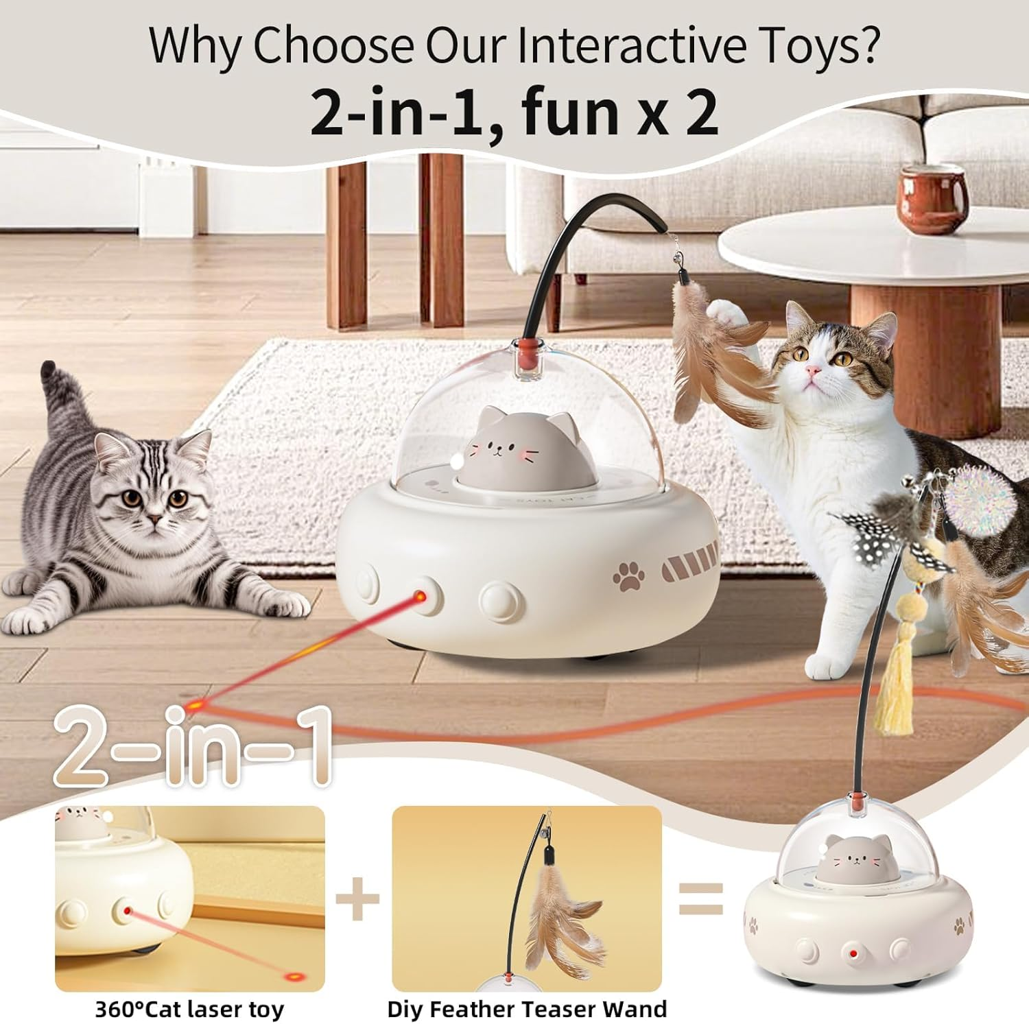 Laser Cat Toys for Indoor Cats, 2 In1 Interactive Cat Toys Laser and Feather Cat Wand Rechargeable Automatic Cat Laser Toy, for Bored Indoor Adult Cats/Kittens (Beige) image number 6