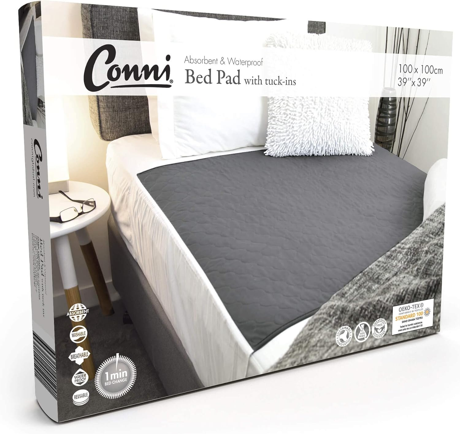 Conni Reusable Bed Pad with Tuck-Ins, Absorbent, Waterproof and Washable Protector Pad for Incontinence, Bed Wetting and Perspiration, Teal Blue, 100 X 100 Cm