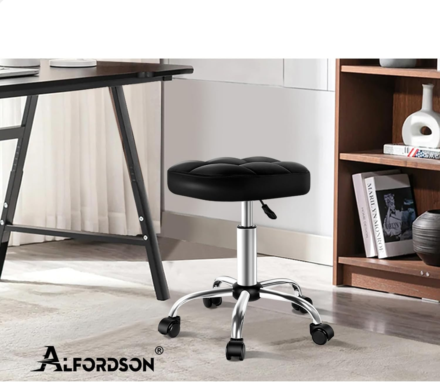 ALFORDSON Salon Stool with PU Leather Upholstery, Adjustable Drafting Rolling Stools in 49-64.5Cm Height, Swivel Spa Chair with Rolling Wheels Hair Barber for Massage Table(Tufan Black) - Tufan Black image number 5
