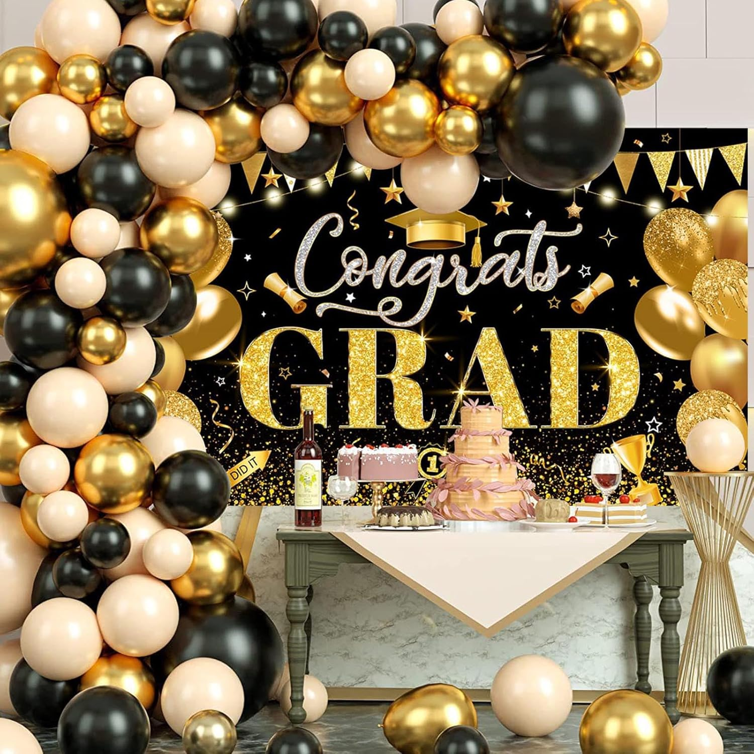 Mocsicka 2025 Graduation Backdrop Gold Black 2025 Graduate Party Decorations Banner Bachelor Cap Congratulations Graduates Photography Backdrop image number 1
