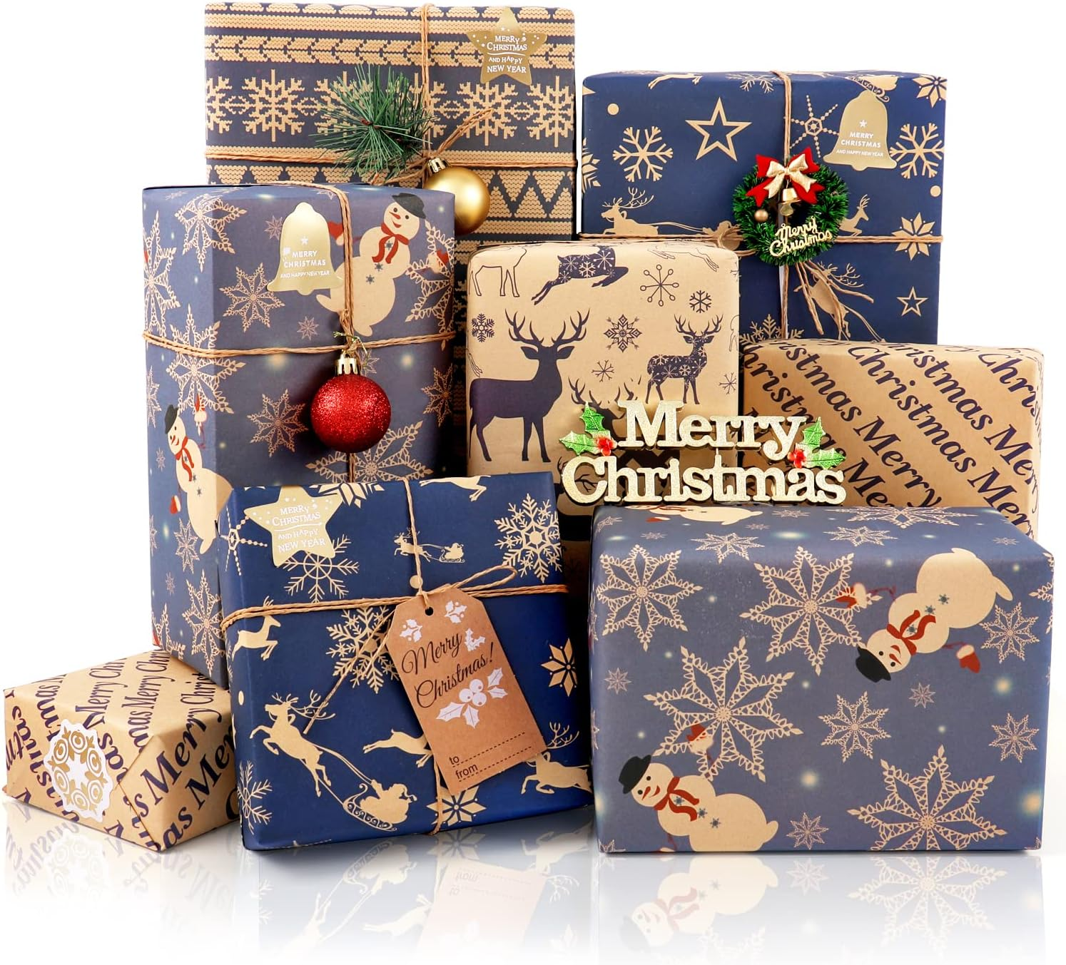 MAMUNU Christmas Wrapping Paper Sheets, Cute Pink Xmas Kraft Gift Wrapping Paper for Kids Girls Women, Assorted 6 Designs Classic Wrap Paper Set for Christmas New Year Holiday, 20 &times; 28 Inch