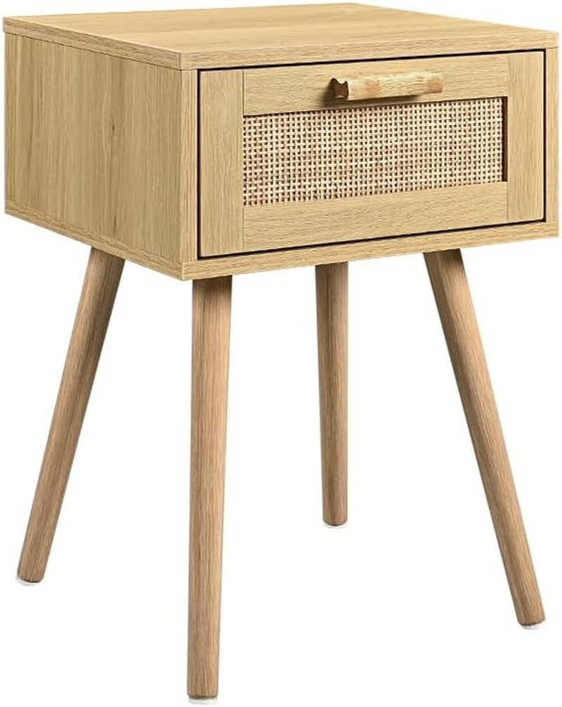 Furb Bedside Table with Storage Drawer Rattan Side End Table Small Narrow Nightstand for Living Room Bedroom Furniture, 40X34X58Cm