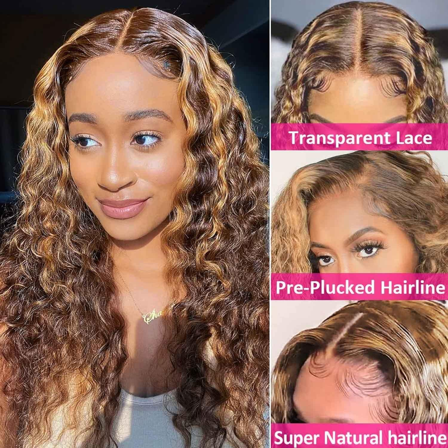 26 Inch Highlight HD Transparent Lace Front Wig Human Hair Pre Plucked 180% Density Glueless Flawless Hairline Curly Human Hair Wigs for Black Women 4/30 Coloured Wigs image number 3