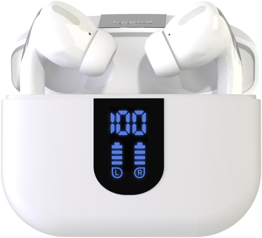 Iggual Wireless Headphones with Microphone, Bluetooth 5.3, Noise Cancelling Headphones, Touch Control Earphones, Includes Type C Charging Case with Display (White) image number 1