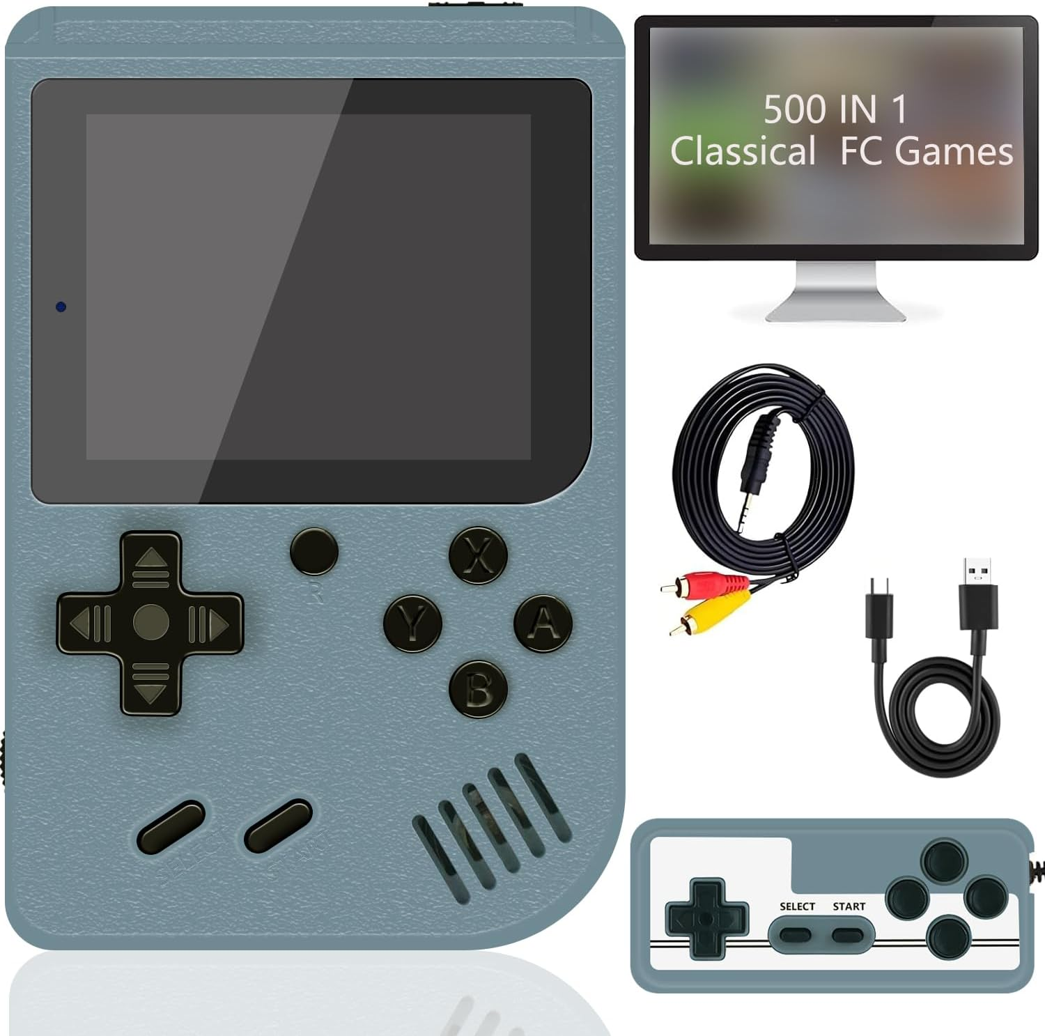 Retro Handheld Game Console with 500 Classical FC Games - 3.0 Inch Screen, 1200Mah Rechargeable Battery Support for Connecting TV and Two People to Play Together Grey01 image number 2