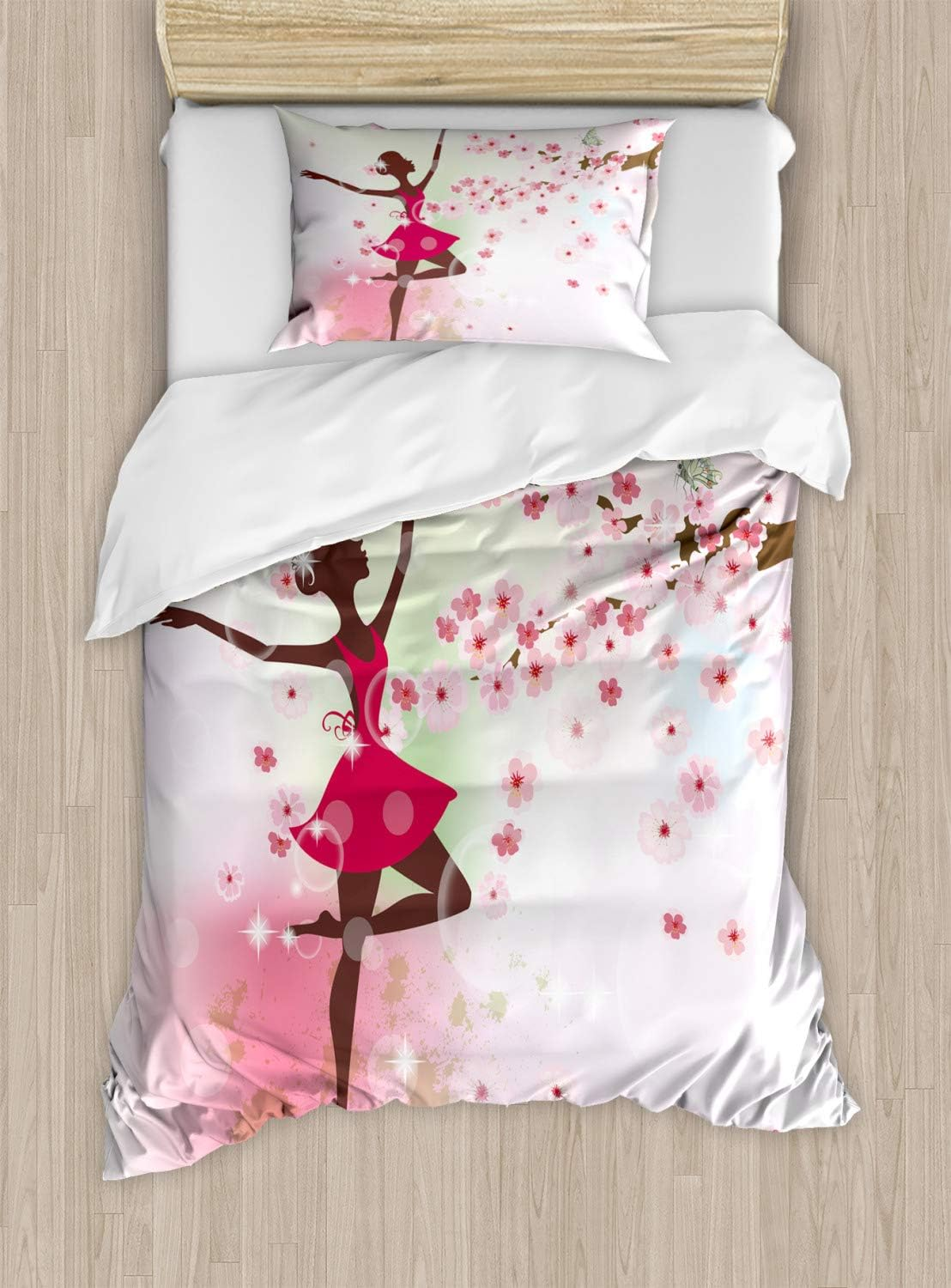 Kids Room Duvet Cover Set by Ambesonne Ballet Butterfly Fairy Ballerina Princess Dancer Flowers Tree Branch Floral Girls Party Print 2 Piece Bedding Set with 1 Pillow Sham Twin / Twin XL Size image number 4
