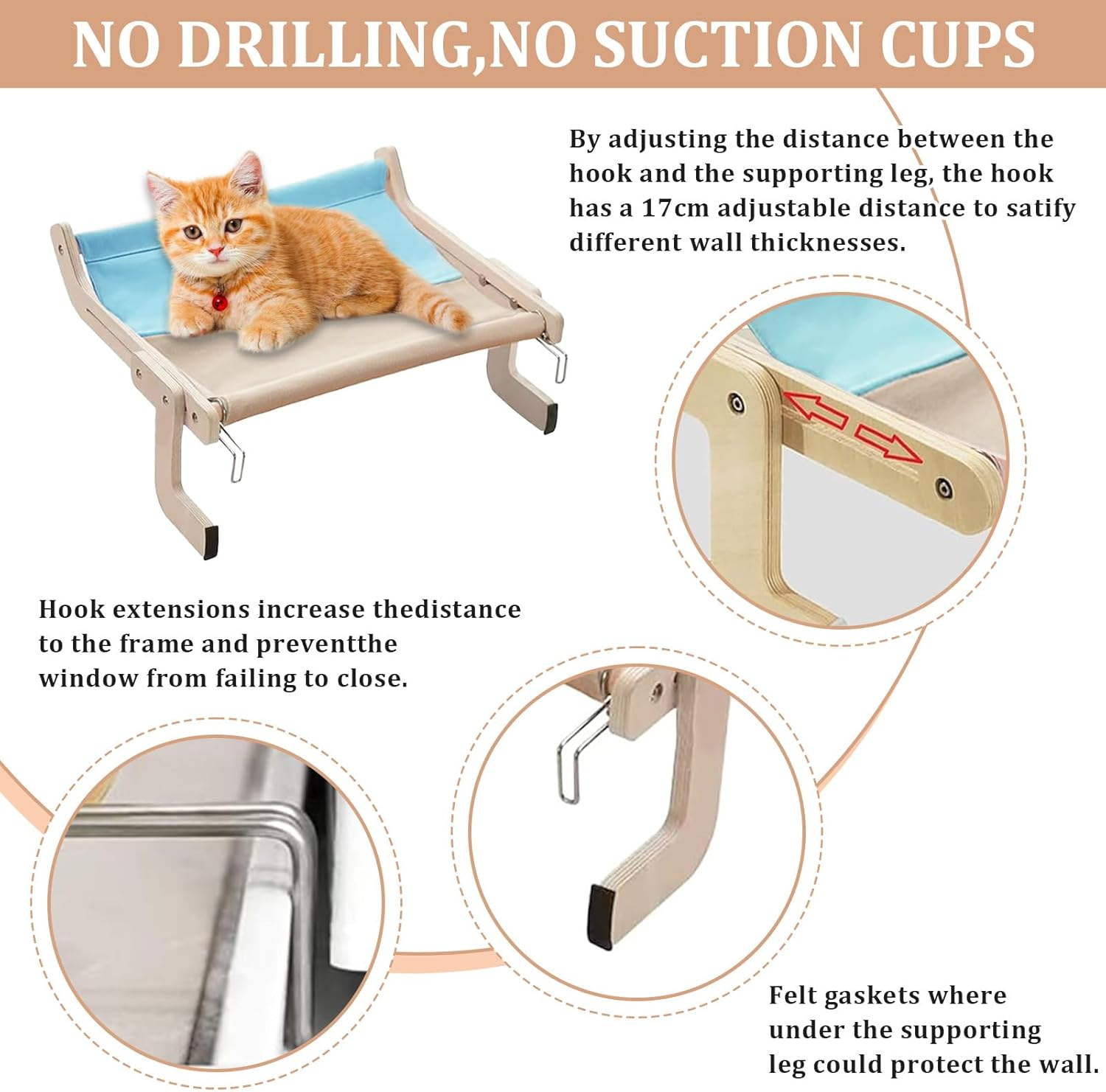 Cat Hammock for Windows, Climbing Wall Cats, Window Seats for Cats, Cat Bed for Bed Edge, Cats, Balcony, Hammock, Bed for Windowsill, Cat Lounger up to 18 Kg image number 3