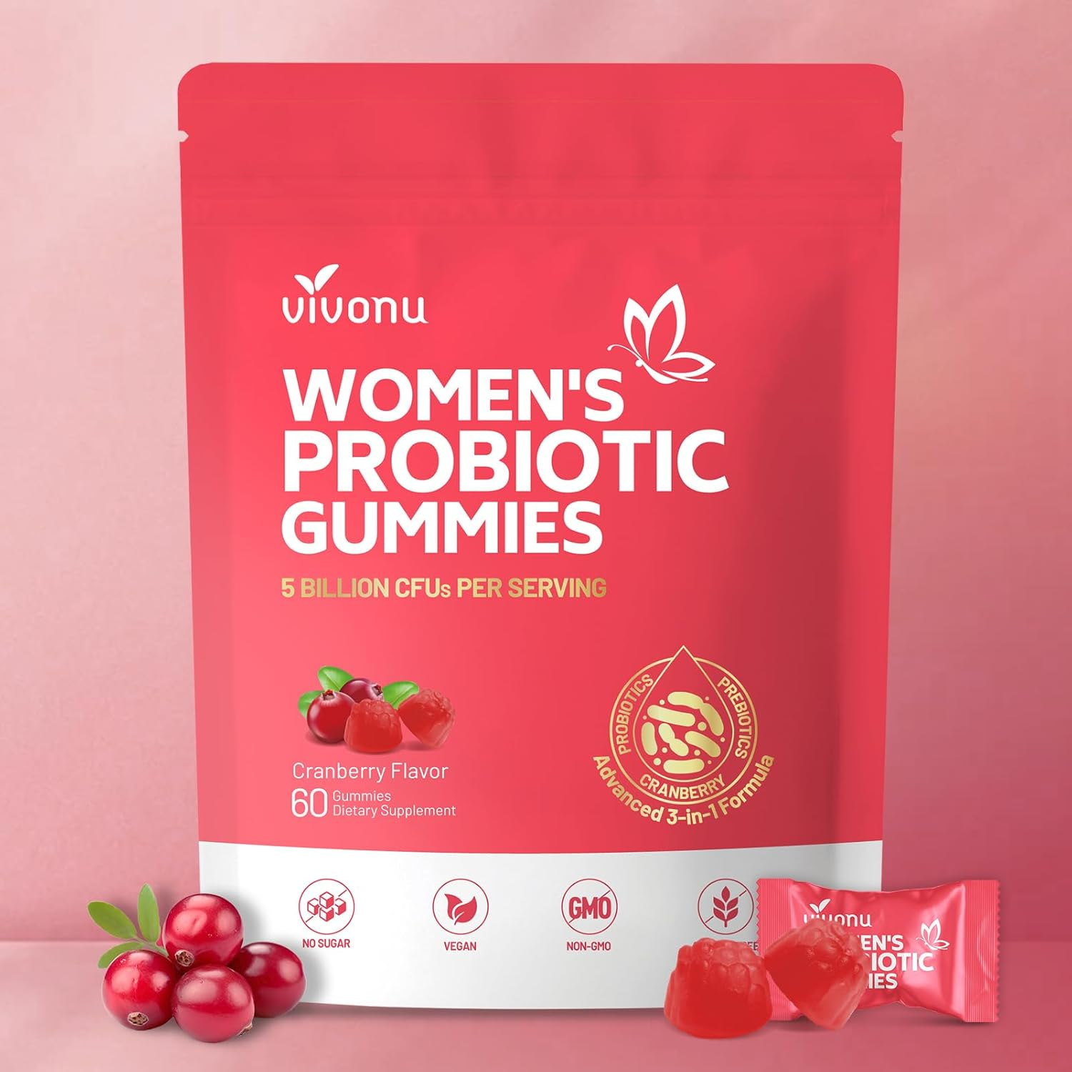 Vivonu Vaginal Probiotics for Women, Feminine Balance Ph Gummies for Healthy Odor, Yeast Balance & Flora + Vitamin C for Immune Support -60 Cranberry Gummies