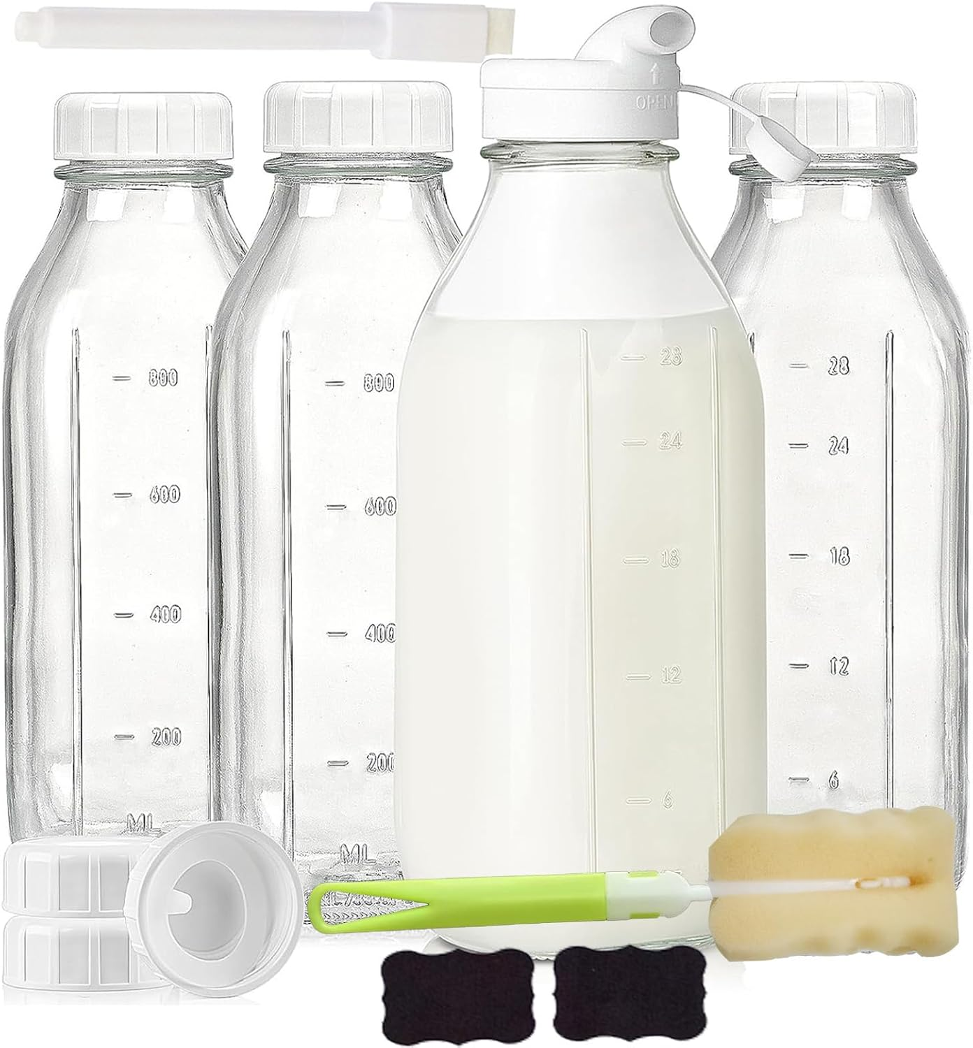 Glass Milk Bottle with Dispenser Cap and 2 Brushes 4 Pack 32 Oz Reusable Glass Bottles with Lids Breast Milk Jug Pitcher, Buttermilk, Water, Juice Bottles Cap, Syrup, Honey