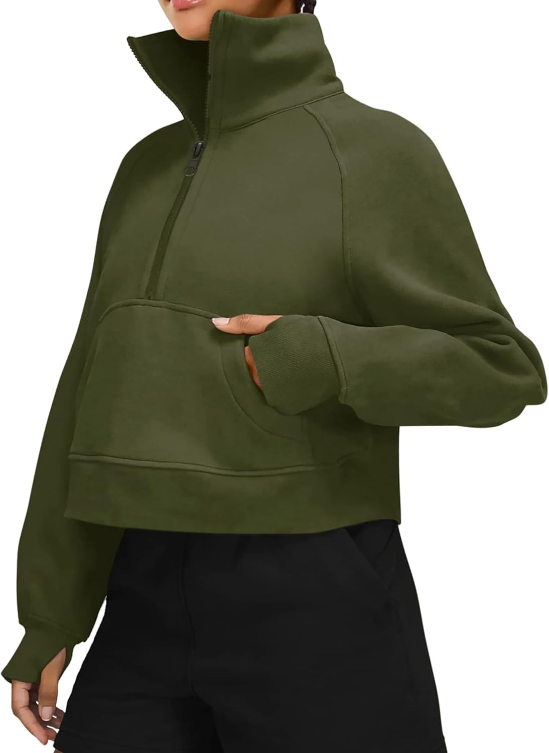 Oyamiki Womens Sweatshirts Oversized Half Zip Workout Tops Cropped Fleece Lined Comfy Pullover Clothes with Thumb Hole Hoodless image number 1