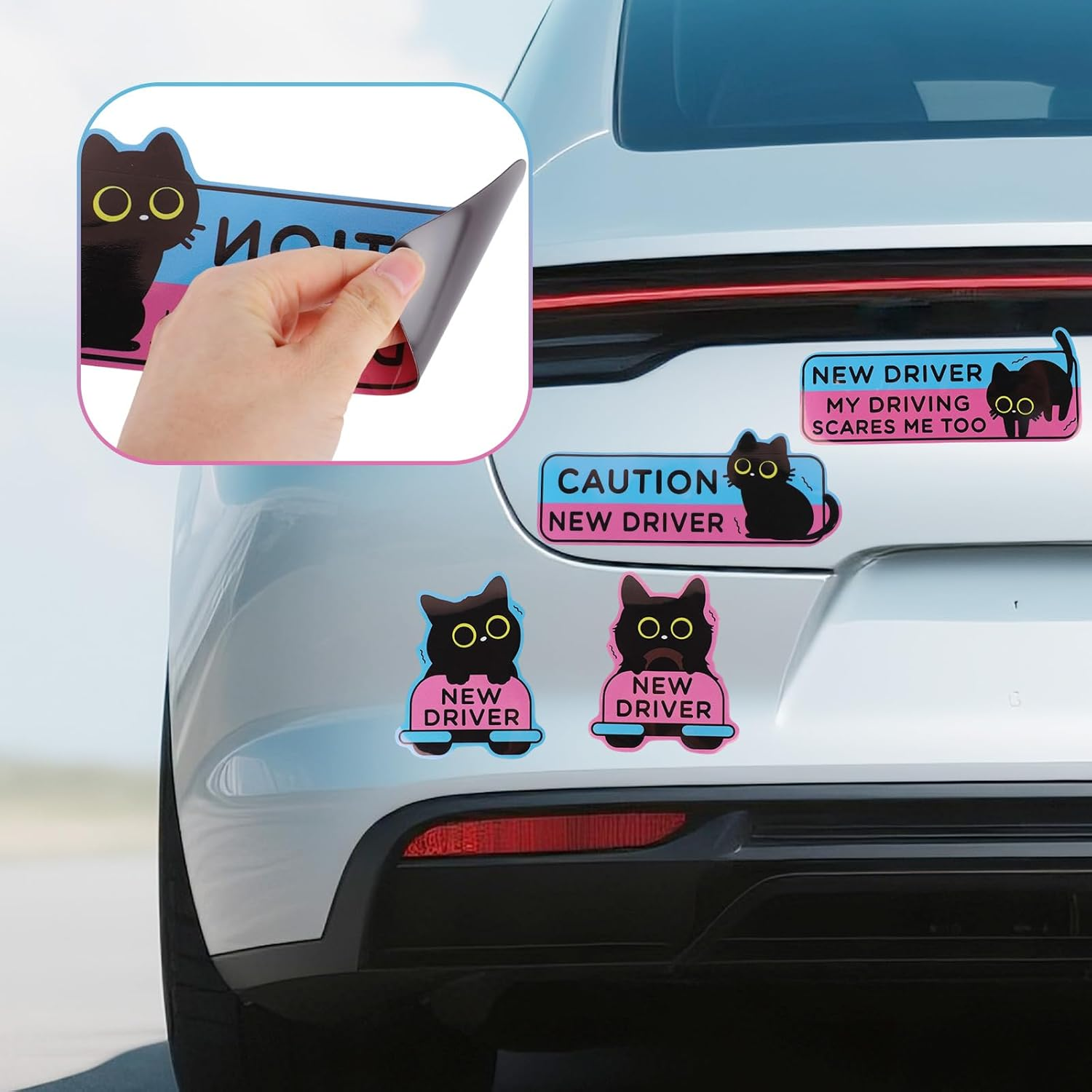 4Pcs Black Cat New Driver Car Magnets, Cute Cartoon Shivering Cat Caution Student Driver Safety Signs Reusable Magnetic Bumper Stickers Funny Car Decals for Beginners Novice Drivers Gifts image number 1