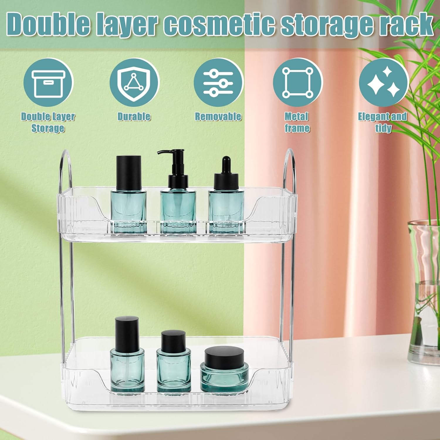 Bathroom Countertop Organizer 2-Tier Vanity Tray Shelf Vanity Counter Skincare Shelf Organizer with Detachable Tray Kitchen Counter Standing Rack Bathroom Countertop Storage Organizer (Clear White) - Clear White image number 6