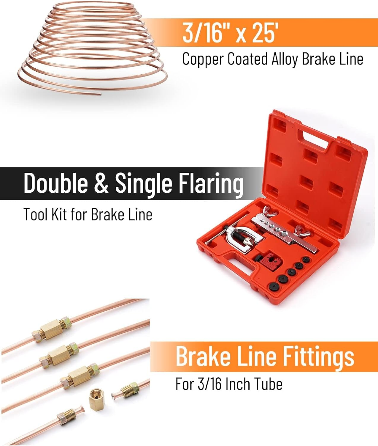 25 Ft 3/16" Copper Coated Brake Line Kit +Tube Bender (Includes 16 Fittings and 4 Unions Brake Line Fittings) + Brake Line Double & Single Flaring Tool Kit image number 4
