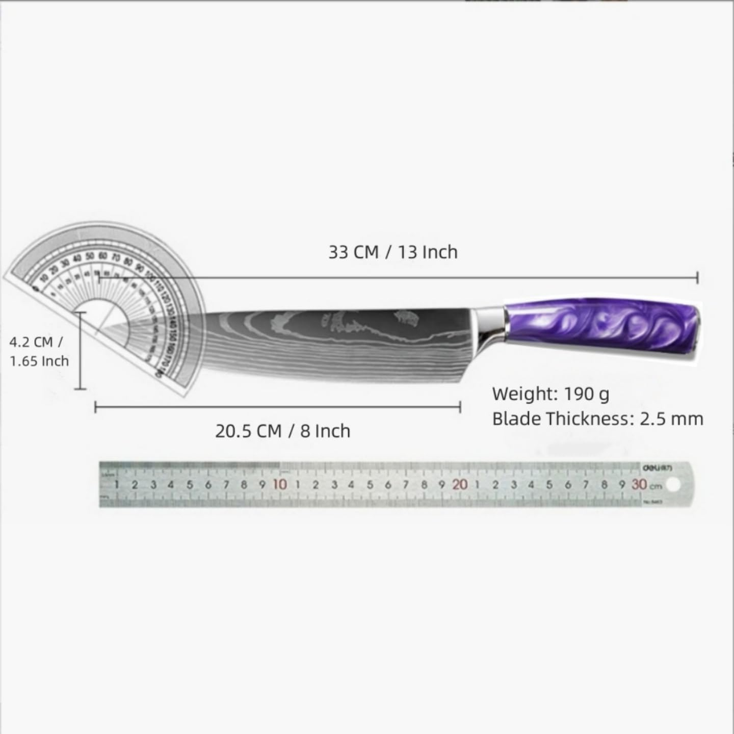 WILLKOMMEN Professional Chef&rsquo;S Knife 8 Inch, High Carbon Stainless Steel Kitchen Knife, Ultra Sharp Cooking Knife Blade Thickness 2.5 Mm, Laser-Engraved Pattern, Resin Handle (Grape Purple) image number 3