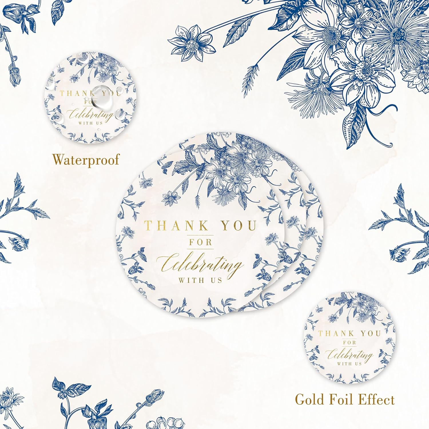 Mobiusea Creation Thank You for Celebrating with Us Stickers | Gold Foil Wedding Favor Stickers | 60Pcs Waterproof 2" Vintage Blue Floral Labels for Baby Shower, Bridal Shower, Parties image number 2
