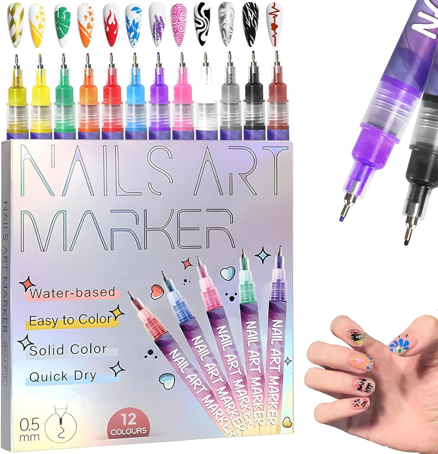 12 Colors Nail Art Pens Set, 3D Nail Art Markers Doodle Pen for Kids Adults, Nail Art Tools for Polishing Dotting Painting Liner DIY image number 2