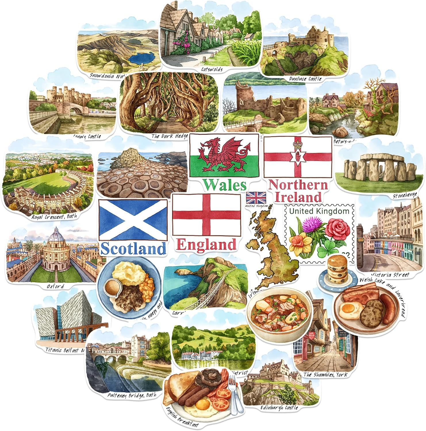 Navy Peony Countryside United Kingdom Travel Stickers (28Pcs)-Hand Illustrated, England Wales UK Heritage-Themed Decals for Journals, Scrapbooks, Luggage