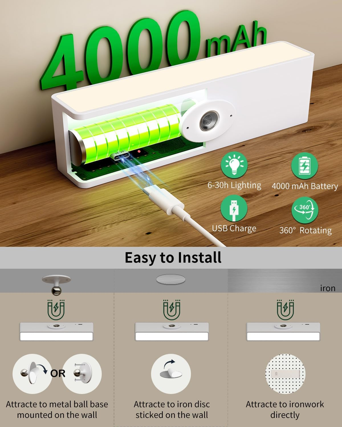 Detarzinled 2Pcs Rechargeable Wall Lights for Bedroom, Wireless Battery Operated Wall Sconces Set of 2, White 360&deg; Rotate Magnetic Wall Mounted Lamp for Bedside, Picture, Vanity image number 5