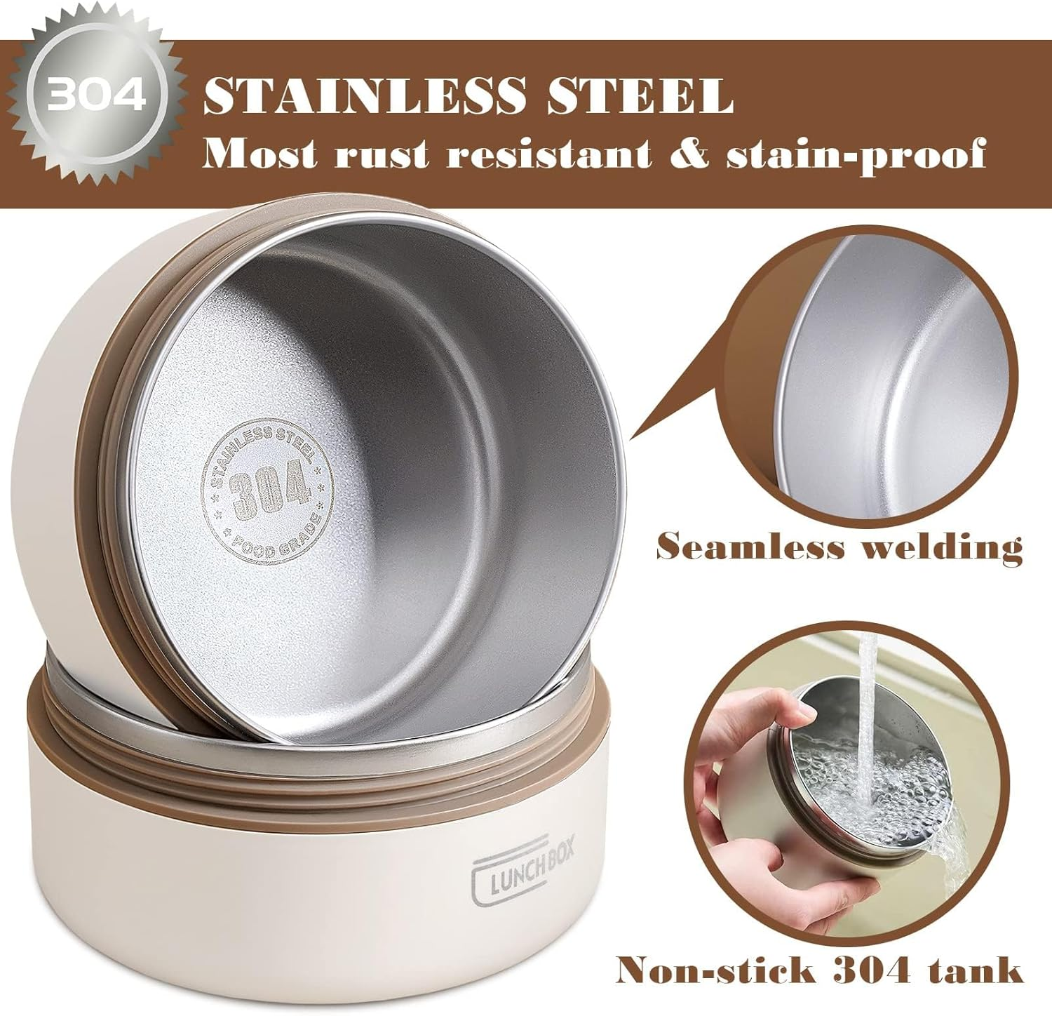 Thermal Bento Lunch Box Set, Portable Insulated Food Container Set with Bag, Separate Stackable Leakproof 304 Stainless Steel Lunch Container for Adult Kids Men Women (Beige-3 Pack) image number 4