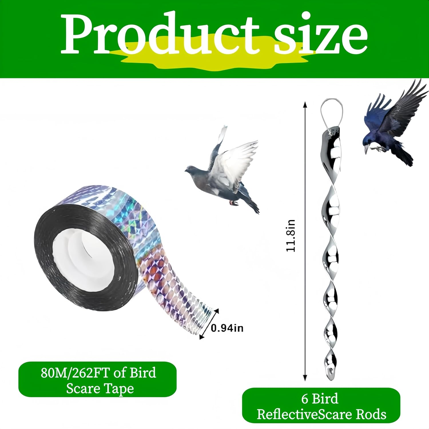 6 Reflective Scare Rods & 80M Reflective Tape, Bird Deterrent Kit ，Visual Bird Repellent for Gardens, Trees and Roofs image number 4