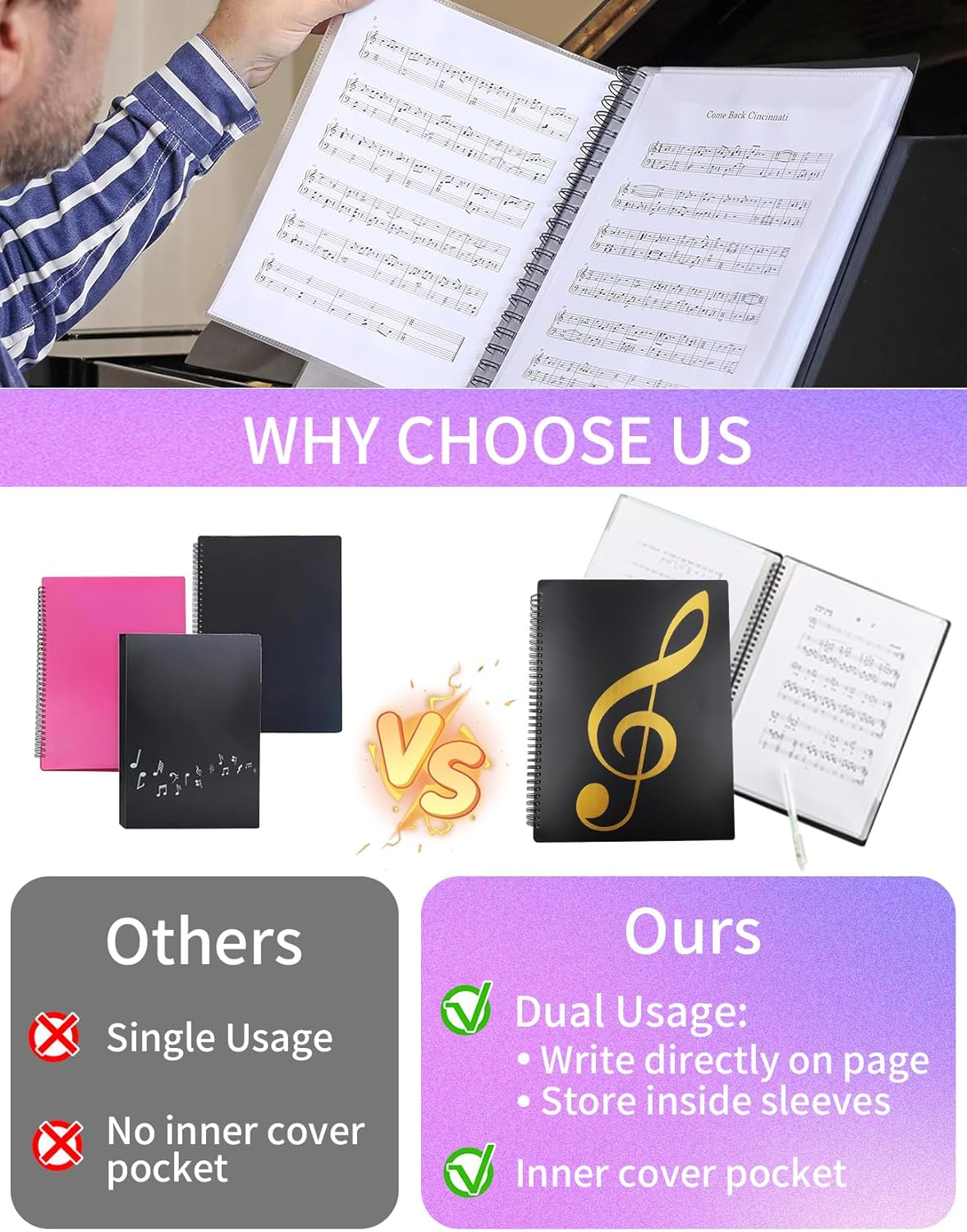 Sheet Music Folder, 4-Page Expandable Music Folder, A4 Score Folder, File Storage Folder, Documents Storage Folder, Binder Music Folder, Organizer for Storage, Spiral Binder Organizer Music Stand (BL) image number 2