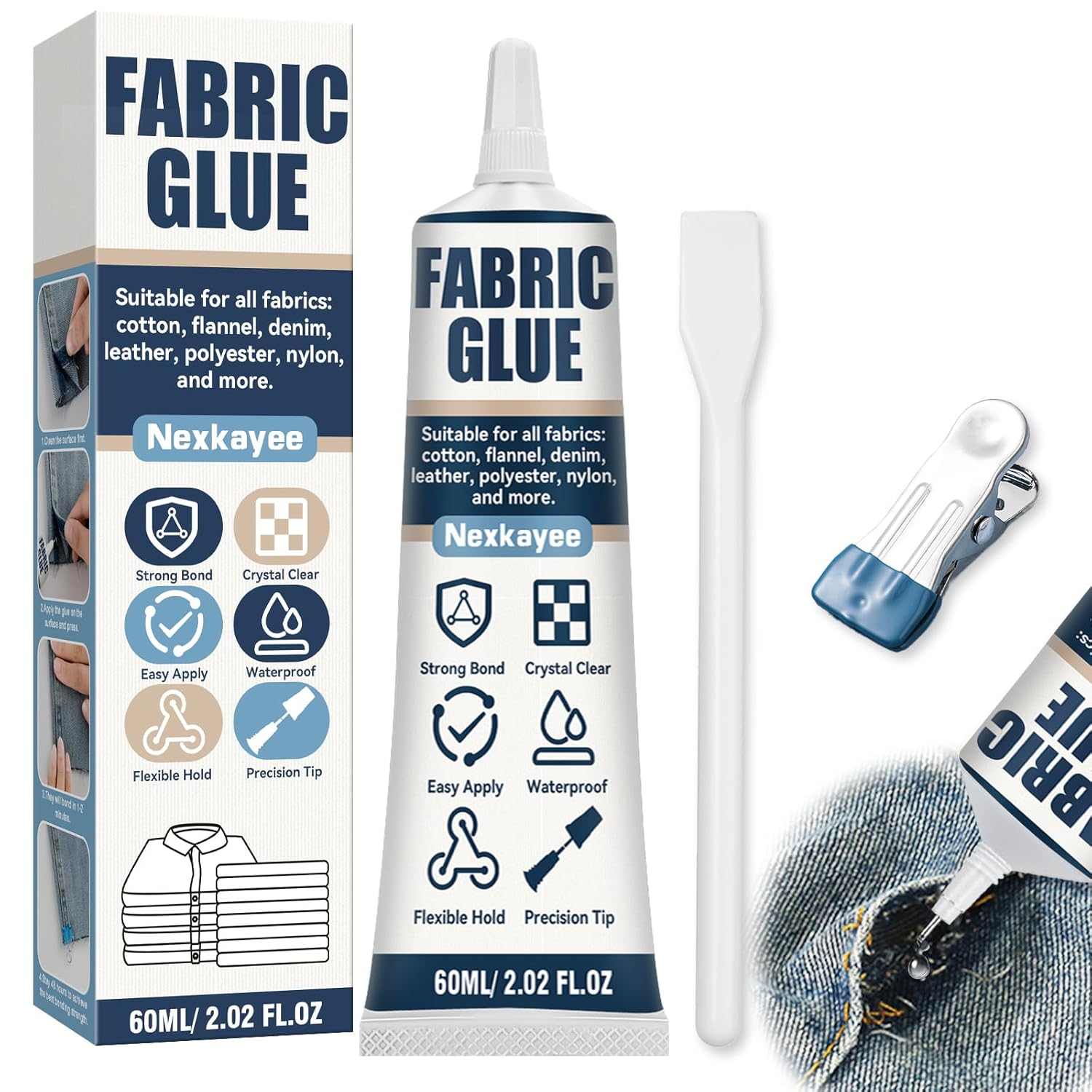 Fabric Glue, Permanent Clear Washable Adhesive for All Fabrics, Cotton, Leather, Denim, Polyester, Patches, Rhinestones, Doll Repair, Flannel, 60Ml (60, Milligrams) image number 3