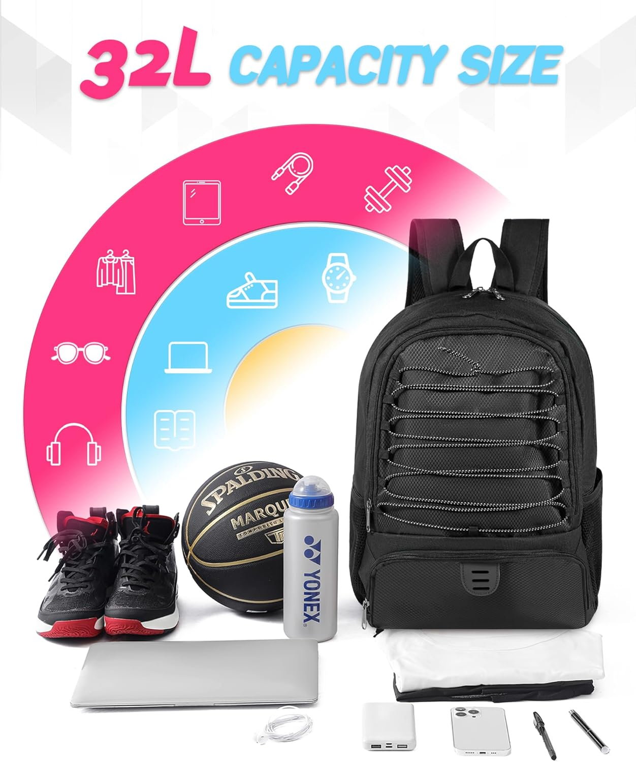 TRAILKICKER Mesh Black Basketball Soccer Bag Backpack Sports Volleyball Football Bag with Ball and Shoe Compartment for Boys Girls Man Women Ball Equipment Bag All Sports Venue image number 3