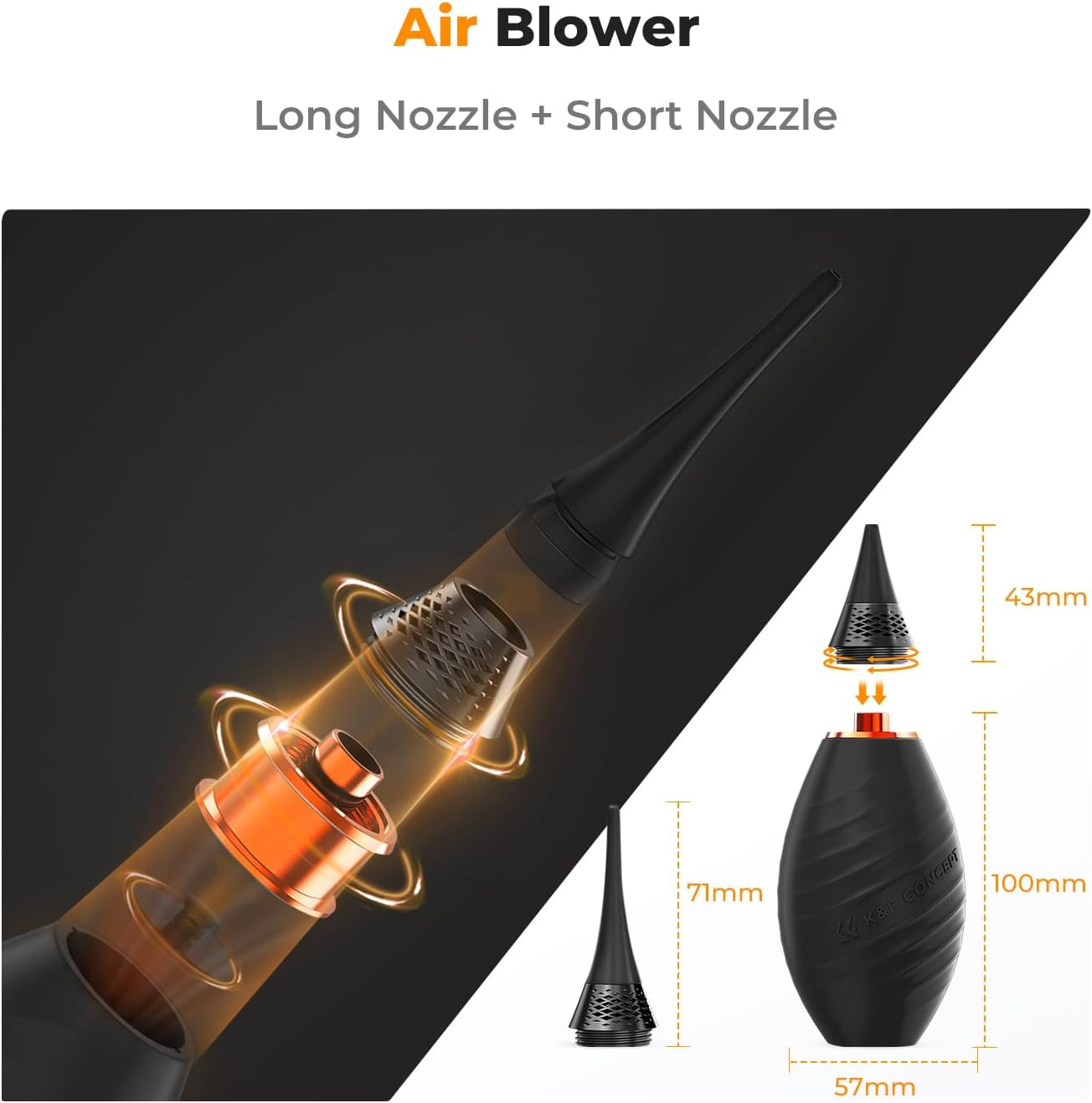K&F Concept Air Blower, with Long Nozzle/Short Nozzle Switch Design, Single Air Intake Camera Lens Blower, for Digital SLR Lens Sensor LCD Screens Musical Instruments Keyboards Telescope Filters image number 2