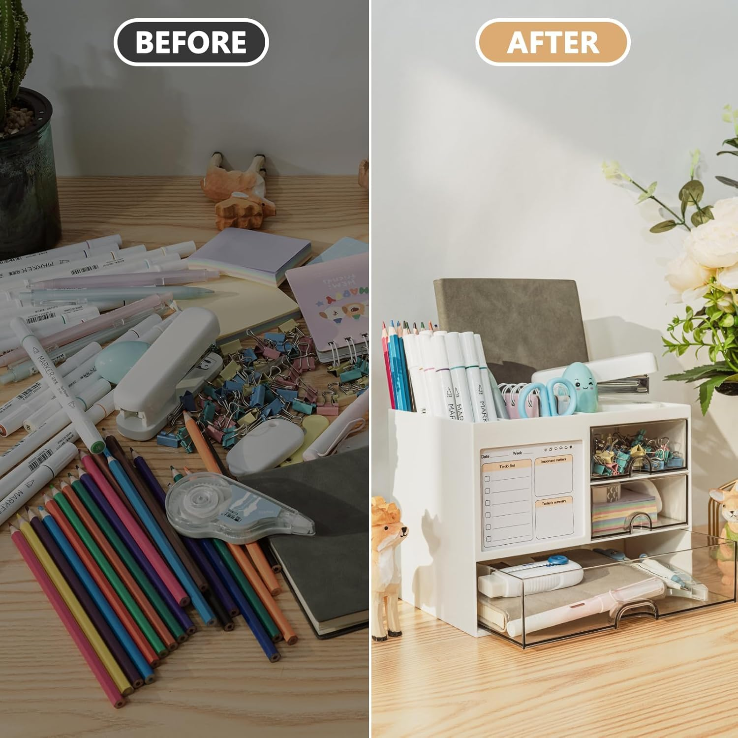 Desk Organizer with 3 Drawer, Multi-Functional Pencil Pen Holder for Desk, Desk Organizers and Storage with 5 Compartments, Desktop Organizer for Office Home Art Supplies (White) image number 1