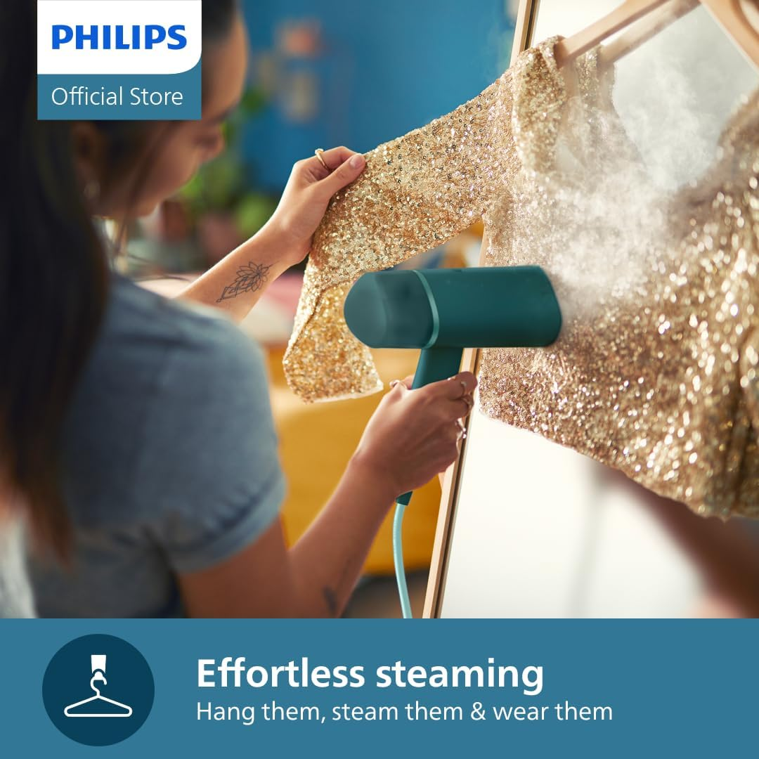 Philips 3000 Series Handheld Steamer - 1000W, 20G/Min Steam, Detachable 120Ml Water Tank, Heated Metal Soleplate, Storage Pouch, 660G Light Weight, Compact and Foldable, Dark Green (STH3020/70) image number 2