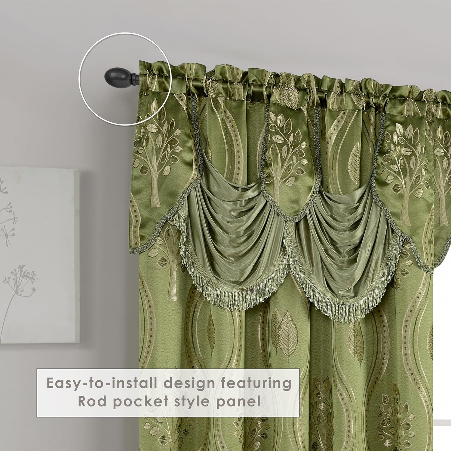 Elegant Comfort Aurora Jacquard Look Curtain Panel Set with Attached Valance 54" X 84 Inch (Set of 2), Sage image number 3