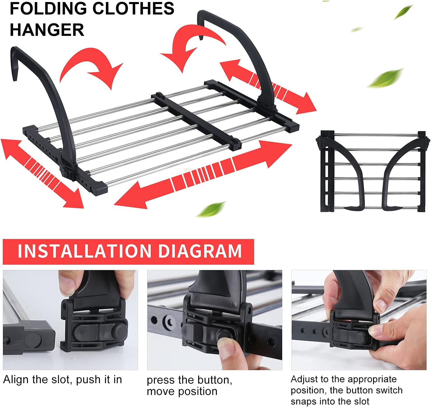 Candumy Portable Clothes Drying Rack for Balcony Railings Windowsill, Folding Towel Rack Indoor Outdoor Retractable Laundry Rack with Sock Clips for Drying Socks image number 4