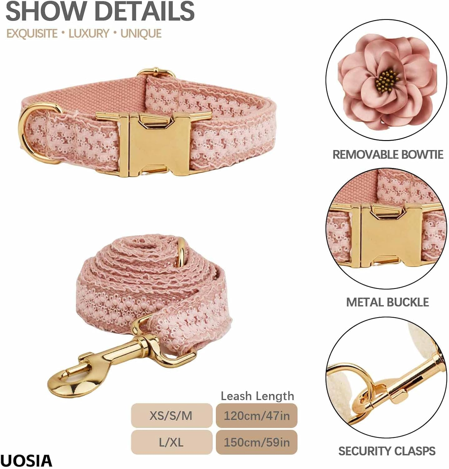 UOSIA Girl Dog Collar Harness & Leash Set Luxury Lace Dog Collar White Wedding Dog Collar with Flower Adjustable Pet Vest Harness for Small Medium Large Dogs image number 1