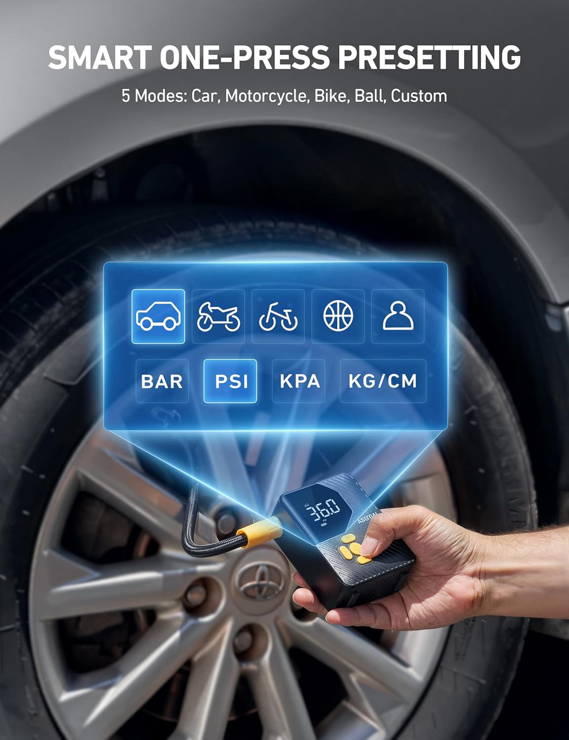 Astroai L7 Mini Tire Inflator Portable Air Compressor,150 PSI Cordless Car Tires Air Pump with LED Lights&Pressure Gauge,Auto Shut-Off - Tire Pump for Auto,Motorcycle, Bicycle image number 4