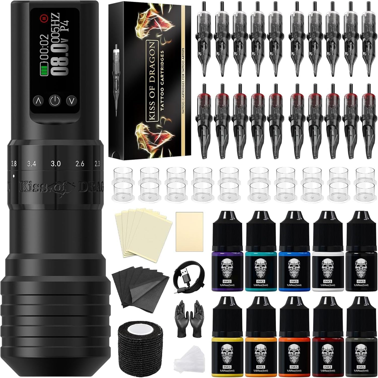Quintin Tattoo Gun Kit Wireless Tattoo Machine, Rotary Adjustable Stroke Tattoo Pen Kit, Cordless Pen-Type Tattoo Machine Kit Complete with Adjustable Stroke LED Display Tattoo Ink for Tattoo Artist Beginners image number 5