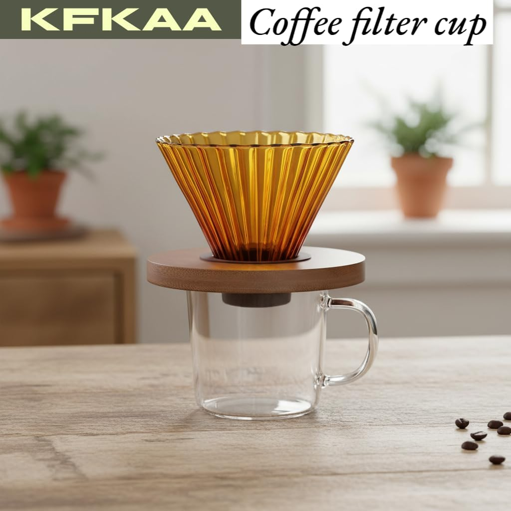 KFKAA V60 Glass Coffee Dripper，With Bamboo Wood Base Drip Coffee Makerhome, for Travel, Camping, Office,1-3 Cups image number 1