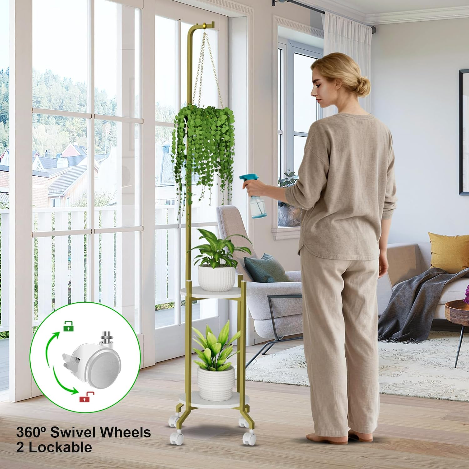 Plant Stand Indoor, 2 Tier Hanging Tall Plant Shelf with Wheels, 3 Potted Corner Flower Stand Metal Plant Holder, Plant Shelves for Living Room, Bedroom, Patio, Outdoor, Black (White-Glod) image number 5