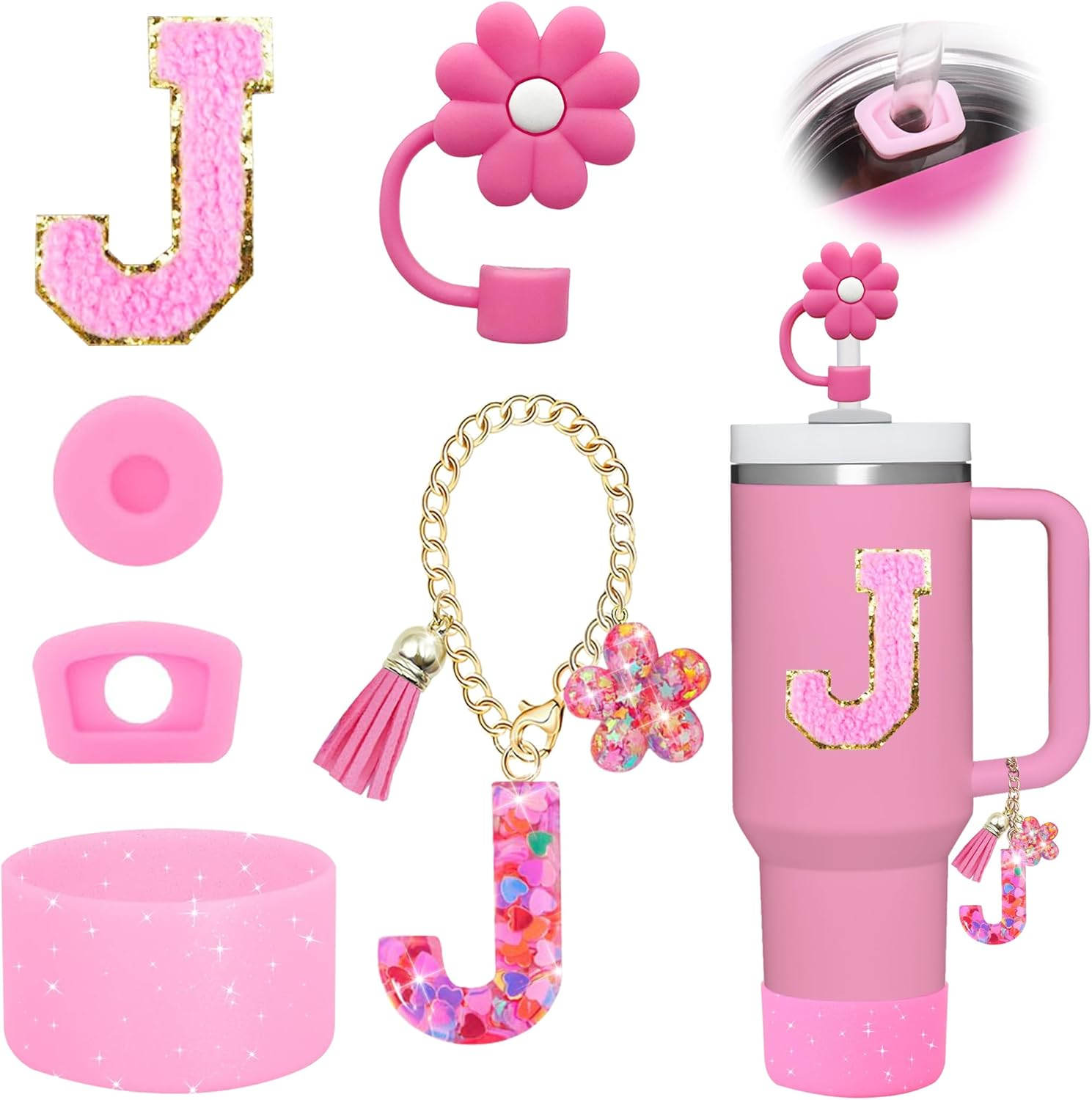 6PCS Cup Accessories Set for Stanley Cup 30Oz 40Oz Tumbler with Handle, Including Silicone Straw Topper Cover Cap and Boot, Spill Proof Stopper, Handle Charm, Initials Sticker(Pink) (Pink R)