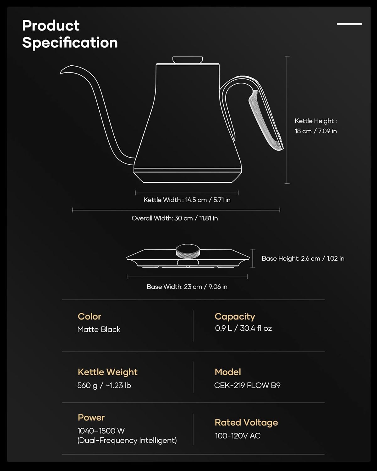Cocinare FLOW B9 Gooseneck Electric Kettle, Precise Temperature Control for Pour-Over Coffee & Tea Brewing, Stainless Steel Interior, Rapid Heating for Boiling Water, 1500W/0.9L Matte Black image number 3