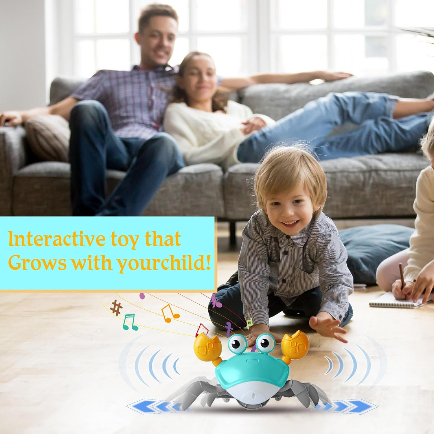 IGGDOQI Kids Crawling Crab Baby Toy with Music, Infant Tummy Time Toy, Light-Up Walking Dancing Moving Crab with Obstacle Avoidance, Rechargeable Interactive Learning Development Toy Gifts (Blue) image number 3