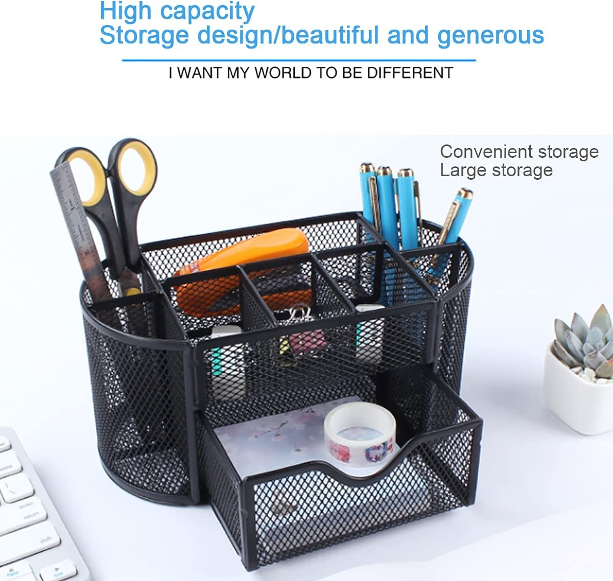 Yuroochii Modern Minimalist Black Mesh Desk Tidy Multifunctional Pen Holder with Drawer, 8 Compartments, Space Saver, Rust-Resistant, Desk Organiser image number 2