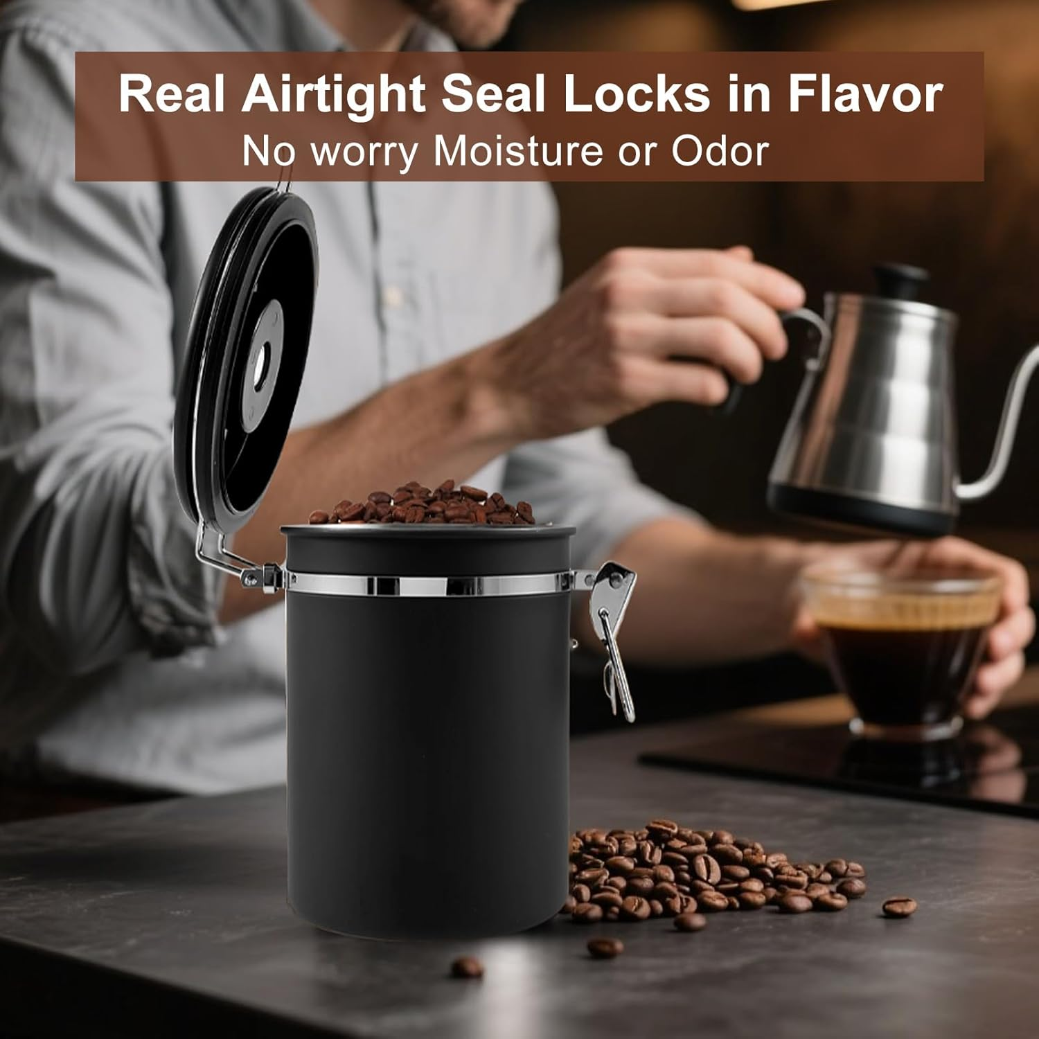 Airtight Coffee Canister with Scoop - Stainless Steel Coffee Grounds Container, Coffee Jar with Date Tracker and CO2 Valve, Coffee Bean Storage for Kitchen Counter or Coffee Bar (Black, 1.8L) image number 6