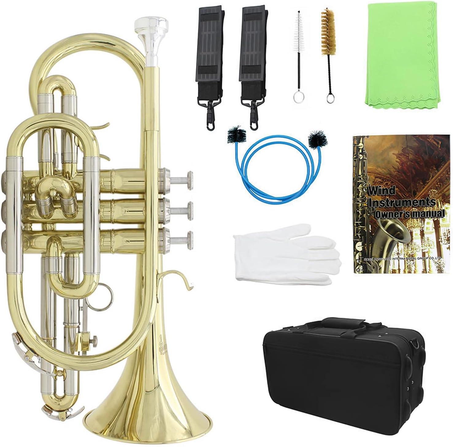Labymos Professional Bb Flat Cornet Brass Instrument with Carrying Case Gloves Cleaning Cloth Brushes image number 4