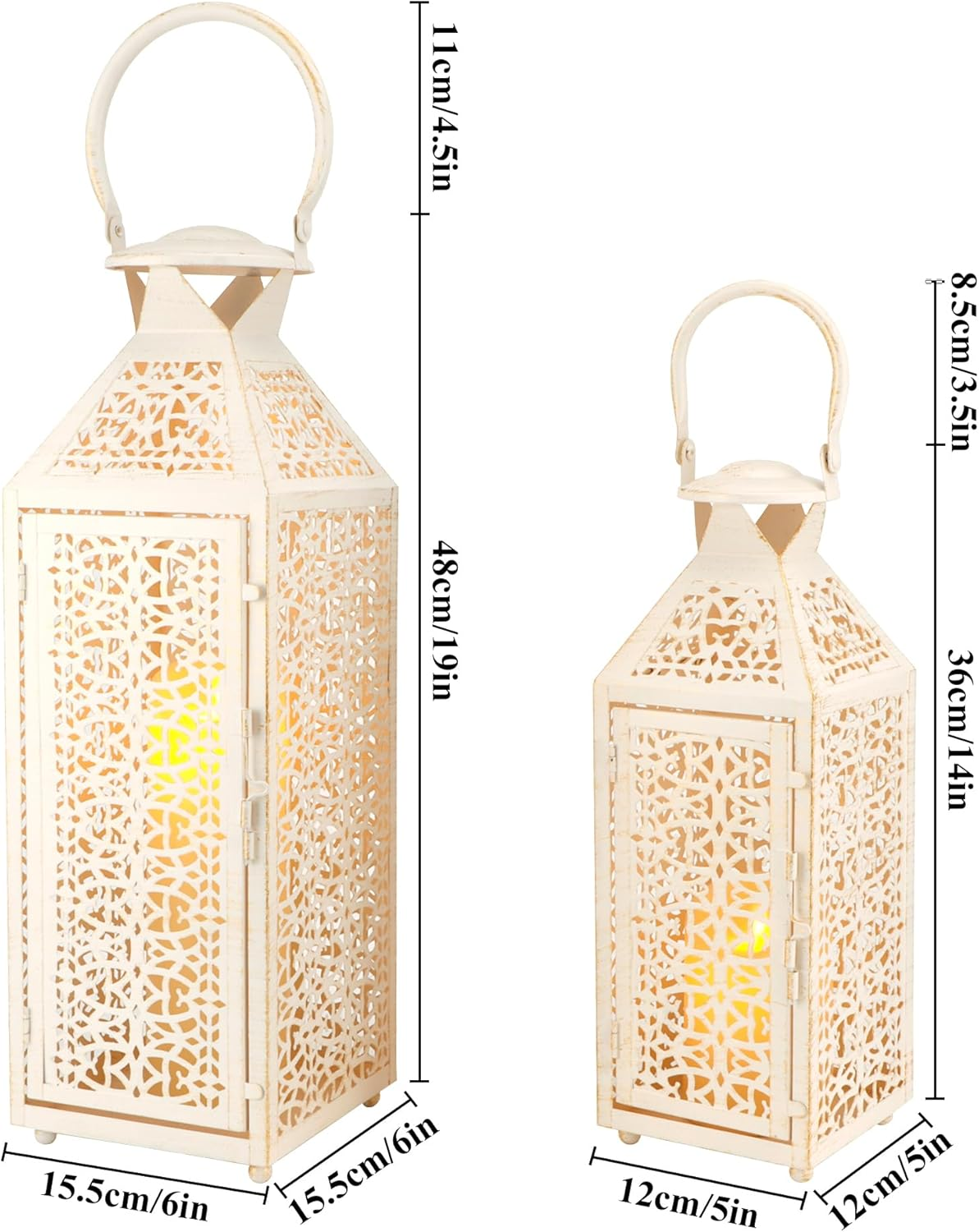 JHY DESIGN Set of 2 Vintage Candle Lanterns 19"&14''H Moroccan Decorative Metal Candle Holders with Hollow Pattern for Garden Porch Shelf Indoor Outdoor Parties Weddings Patio(White Brushed Gold)