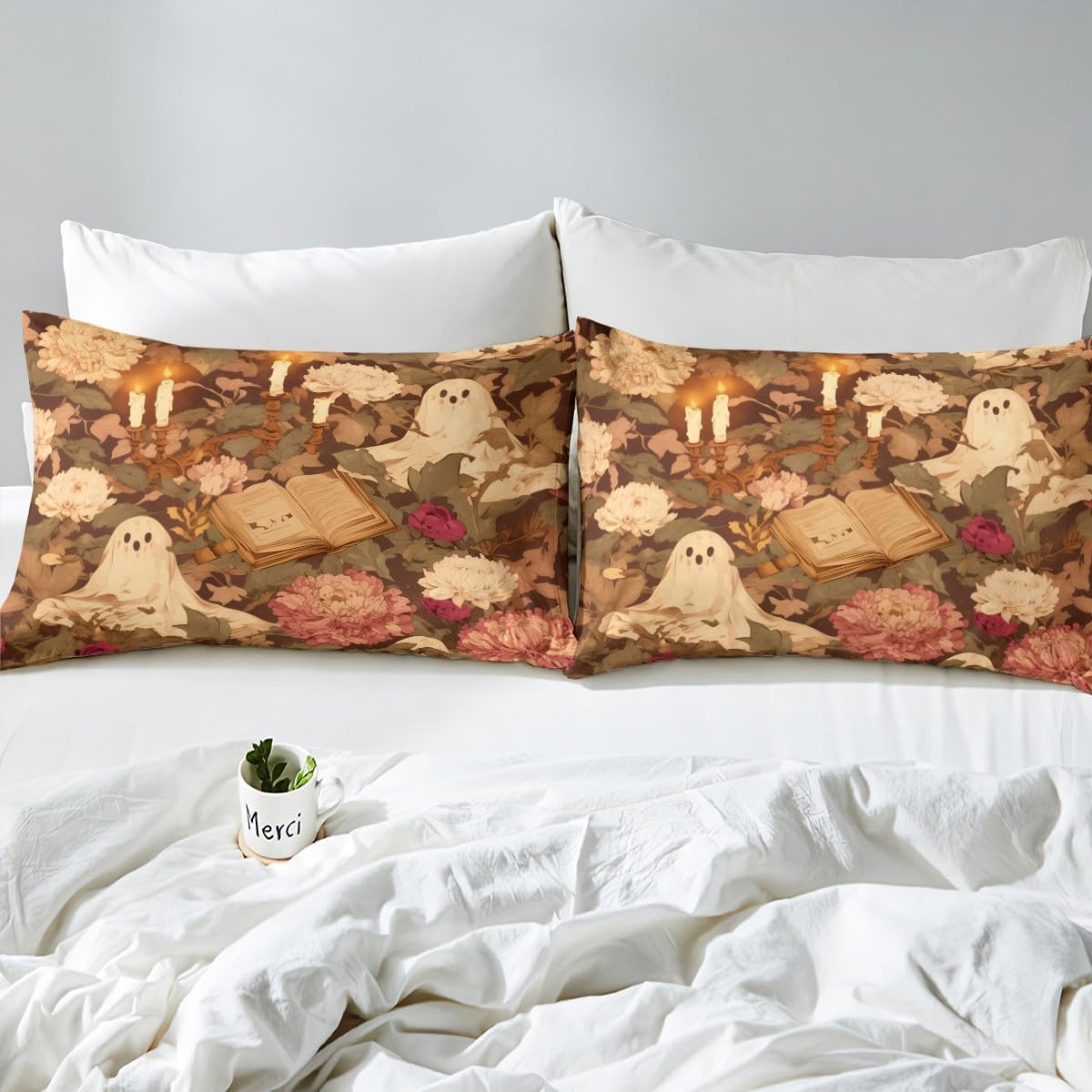 Homewish Vintage Halloween Duvet Cover 135 X 200 Cm Magic Book Spooky Ghost Bedding Set Retro Autumn Chrysanthemum Fallen Leaves Comforter Cover for Children Adults Grunge Halloween Bed Set image number 1